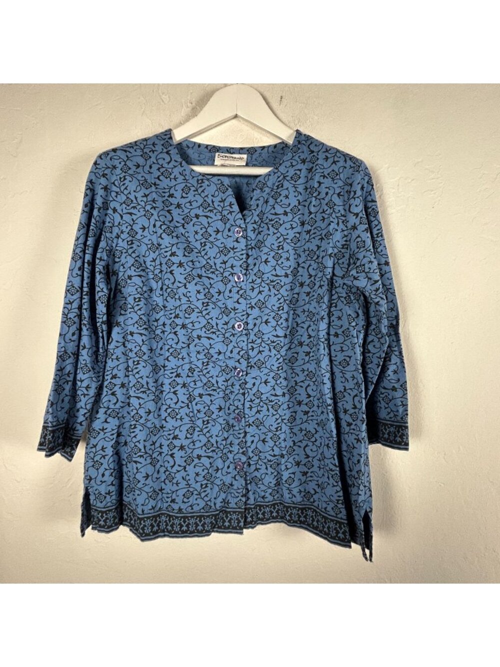 Serengeti Womens Blue Floral Button-Front Tunic Top Large Cotton 3/4 Sleeve